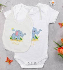 BK Kids Kişiye Özel İsimli Bebek Body Zıbın ve Mama Önlüğü Hediye Seti - Model 19