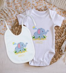 BK Kids Kişiye Özel İsimli Bebek Body Zıbın ve Mama Önlüğü Hediye Seti - Model 19