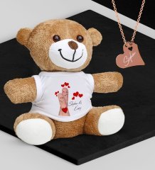 Kişiye Özel Sevgililer Temalı Peluş Ayıcık ve Rose Kalp Kolye Set - 89