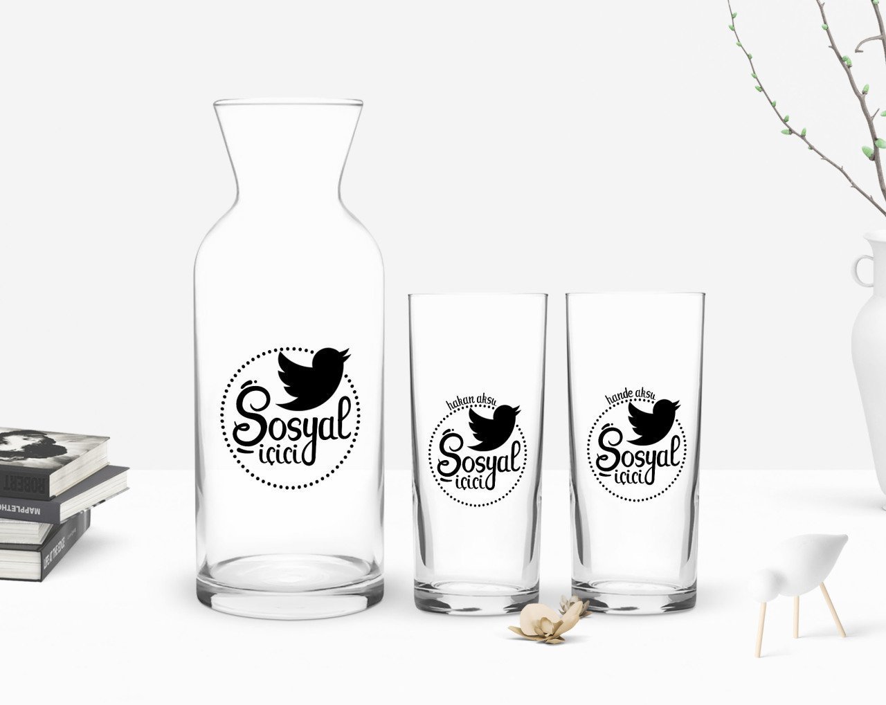 Kişiye Özel Renkli Baskılı Sosyal İçici Tasarımlı İkili Rakı Bardağı ve Karaf Hediye Seti-1