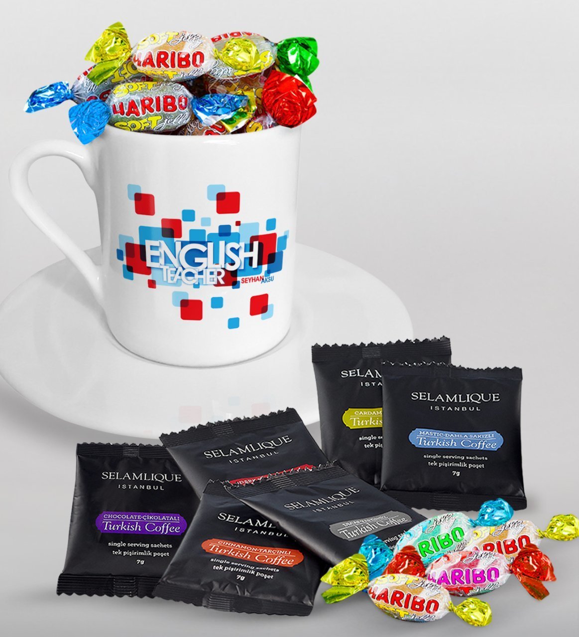 Kişiye Özel İngilizce Öğretmeni Türk Kahvesi Fincanı Selamlique Karışık Türk Kahvesi ve Haribo Şeker Hediye Seti-12