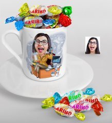 Kişiye Özel Bayan Muhasebeci Karikatürlü Türk Kahvesi Fincanı ve Haribo Şeker Hediye Seti-1