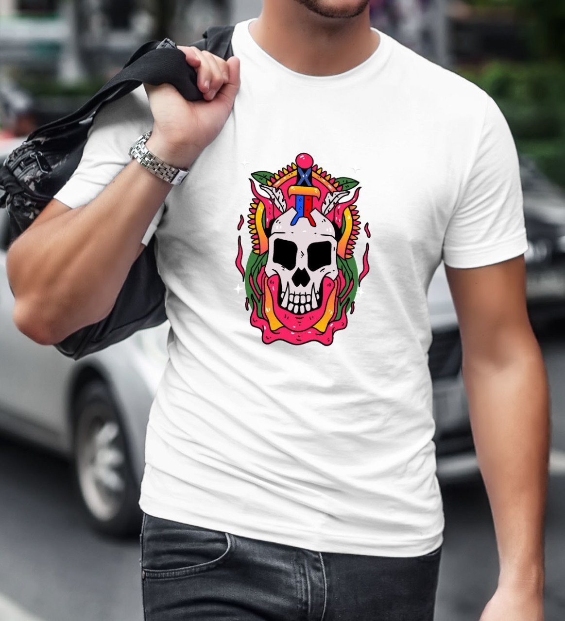 BK Gift Kurukafa Tasarımlı Beyaz T-Shirt-1