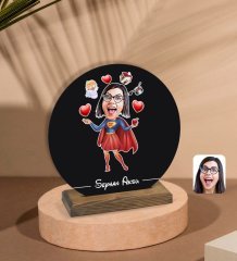 Kişiye Özel Süper Anne Karikatürlü Yuvarlak Ahşap Biblo-1