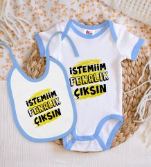 BK Kids İstemiim Fenalık Çıksın Tasarımlı Mavi Bebek Body Zıbın ve Mama Önlüğü Hediye Seti-1