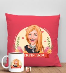 BK Gift Kişiye Özel Karikatürlü Anneler Günü Tasarımlı Kırmızı Kırlent Yastık ve Kupa Seti, Anneye Hediye, Ev Dekorasyonu, Anneler Günü Hediyesi-5