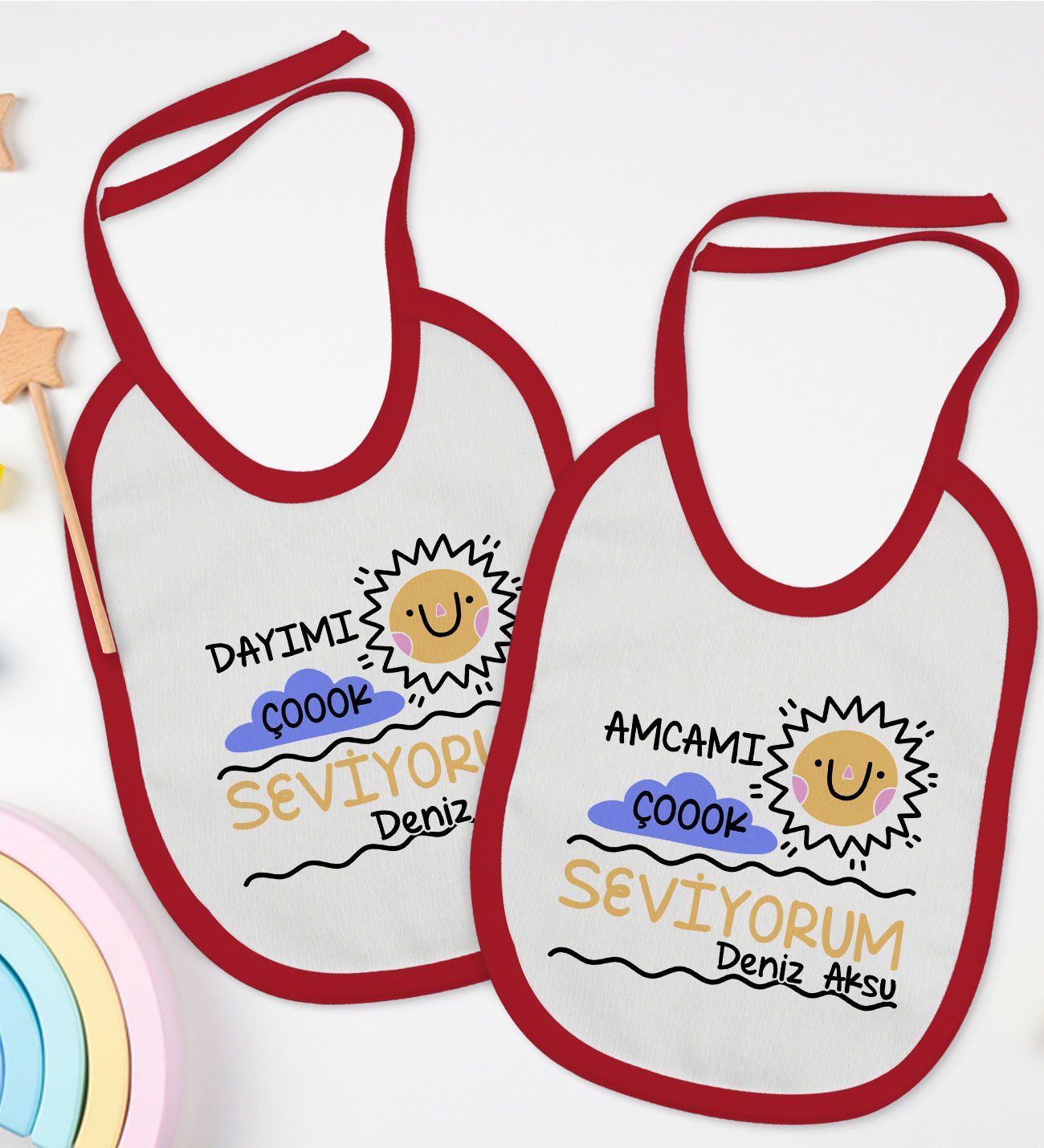BK Kids Kişiye Özel Dayı ve Amca Tasarımlı 2’li Kırmızı Mama Önlüğü-1