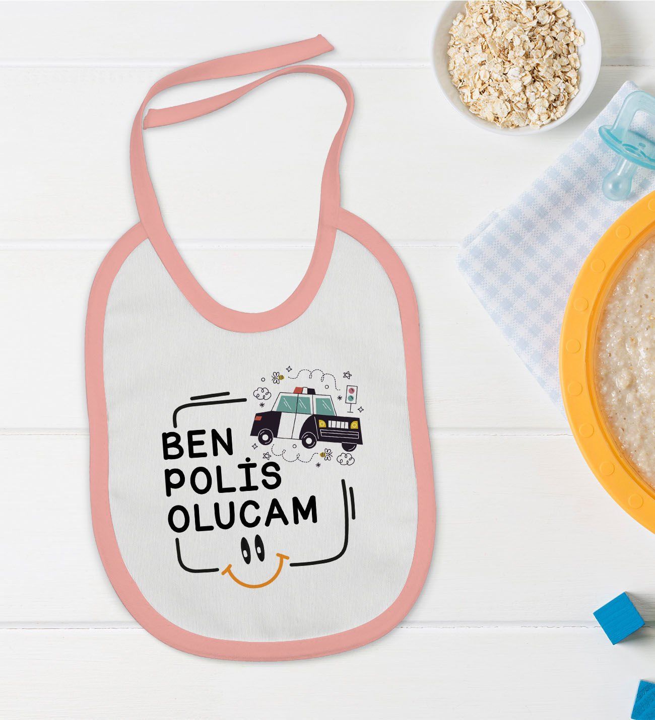 BK Kids Polis Olucam Tasarımlı Pembe Bebek Mama Önlüğü-1