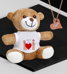 Kişiye Özel Sevgililer Temalı Peluş Ayıcık ve Rose Kalp Kolye Set - 88
