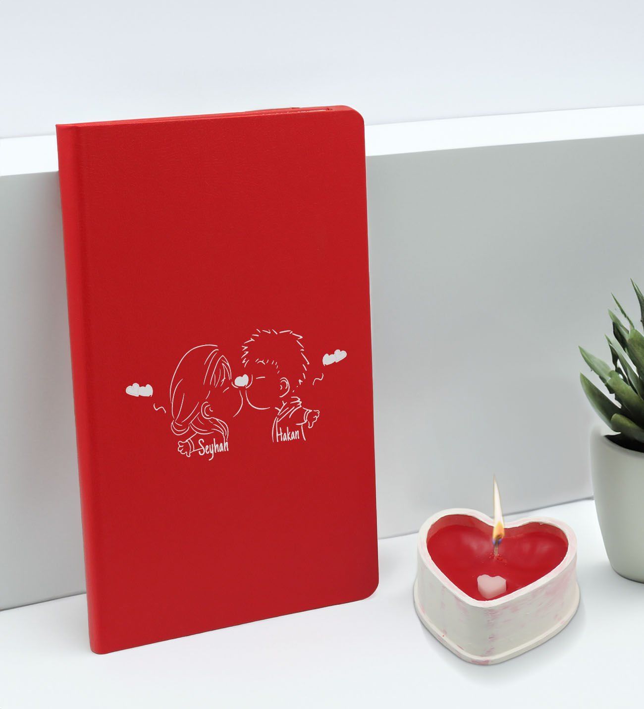 BK Gift Sevgililere Özel İsimli Kırmızı Defter ve Kalp Taş Obje Kokulu Mum Hediye Seti-5, Sevgiliye Hediye, Sevgililer Günü