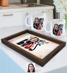 Kişiye Özel Kadın Big Boss Karikatürlü Doğal Ahşap Tepsi ve 2’li Kupa Bardak Seti-3