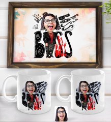 Kişiye Özel Kadın Big Boss Karikatürlü Doğal Ahşap Tepsi ve 2’li Kupa Bardak Seti-3