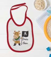 BK Kids Kişiye Özel Sevimli Korsan Tasarımlı Kırmızı Bebek Mama Önlüğü-3
