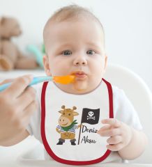 BK Kids Kişiye Özel Sevimli Korsan Tasarımlı Kırmızı Bebek Mama Önlüğü-3