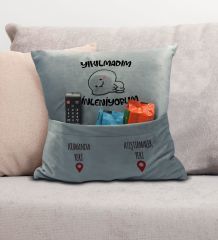 BK Gift Eğlenceli Tasarımlı Organizer Kumanda ve Atıştırmalık Cepli Gri Kırlent Yastık- 5, Ev Dekoru, Ev Hediyesi