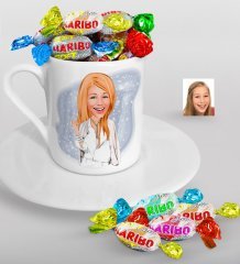 Kişiye Özel Bayan Model Karikatürlü Türk Kahvesi Fincanı ve Haribo Şeker Hediye Seti-2