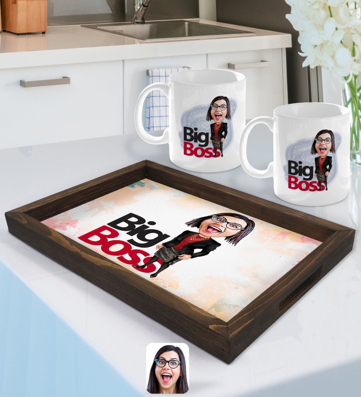Kişiye Özel Kadın Big Boss Karikatürlü Doğal Ahşap Tepsi ve 2’li Kupa Bardak Seti-2