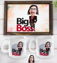 Kişiye Özel Kadın Big Boss Karikatürlü Doğal Ahşap Tepsi ve 2’li Kupa Bardak Seti-2