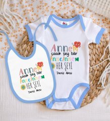 BK Kids Kişiye Özel Annem Çok Şey Bilir Tasarımlı Mavi Bebek Body Zıbın ve Mama Önlüğü Hediye Seti