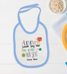 BK Kids Kişiye Özel Annem Çok Şey Bilir Tasarımlı Mavi Bebek Body Zıbın ve Mama Önlüğü Hediye Seti