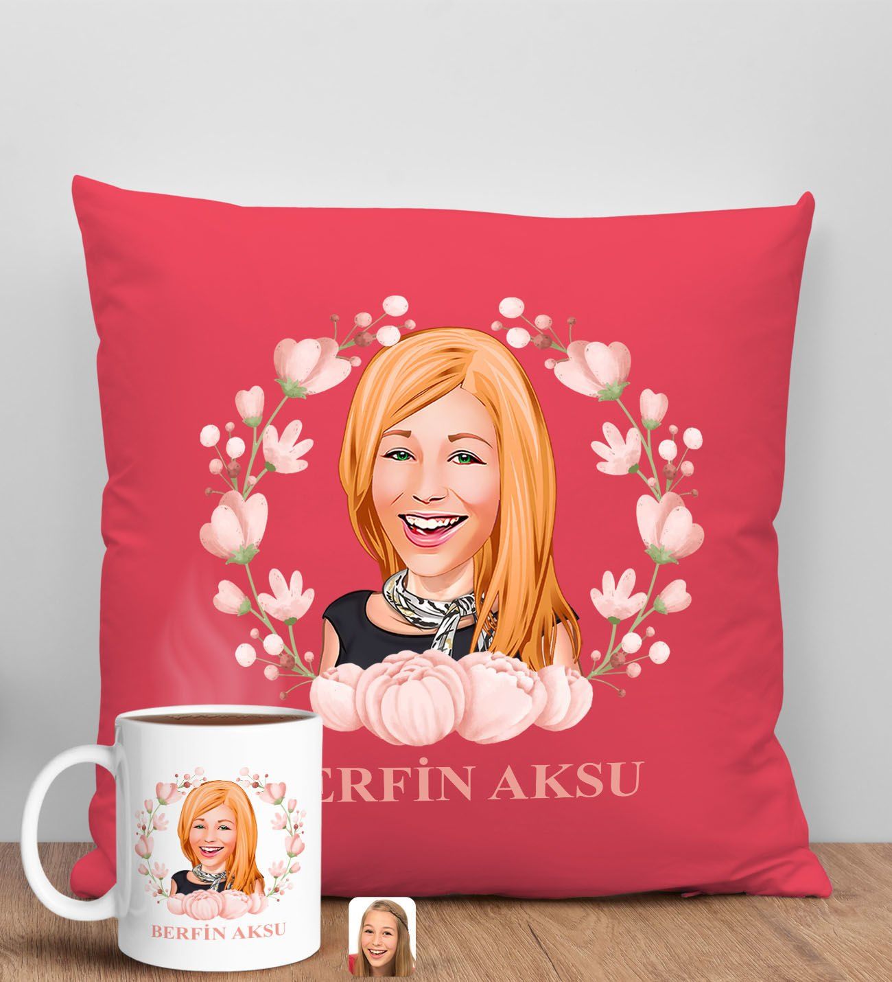 BK Gift Kişiye Özel Karikatürlü Anneler Günü Tasarımlı Kırmızı Kırlent Yastık ve Kupa Seti, Anneye Hediye, Ev Dekorasyonu, Anneler Günü Hediyesi-3