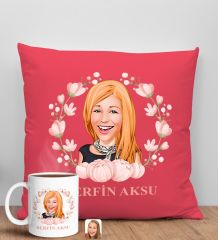 BK Gift Kişiye Özel Karikatürlü Anneler Günü Tasarımlı Kırmızı Kırlent Yastık ve Kupa Seti, Anneye Hediye, Ev Dekorasyonu, Anneler Günü Hediyesi-3
