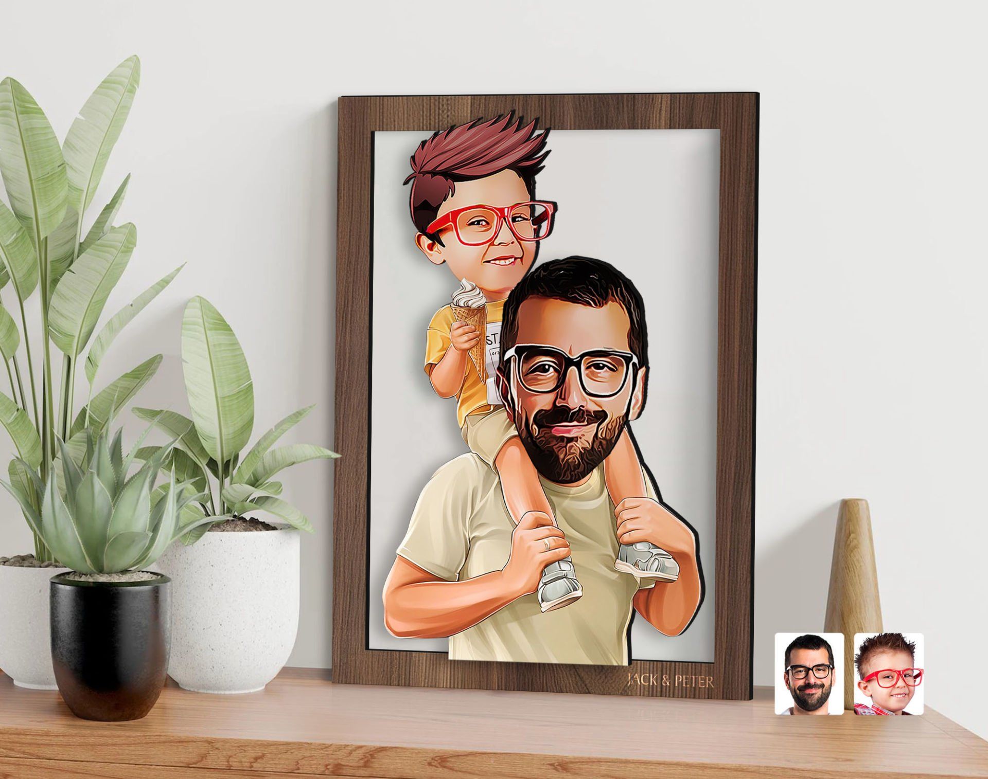 BK Gift Kişiye Özel Baba Oğul Karikatürlü 3D Ahşap Tablo-20, Babaya Hediye, Karikatürlü Tablo