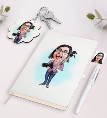 Kişiye Özel Kadın Profesyonel Fotoğrafçı Karikatürlü Beyaz Defter Kalem ve Anahtarlık Hediye Seti