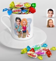 Kişiye Özel Sevgililer Karikatürlü Türk Kahvesi Fincanı ve Haribo Şeker Hediye Seti-51