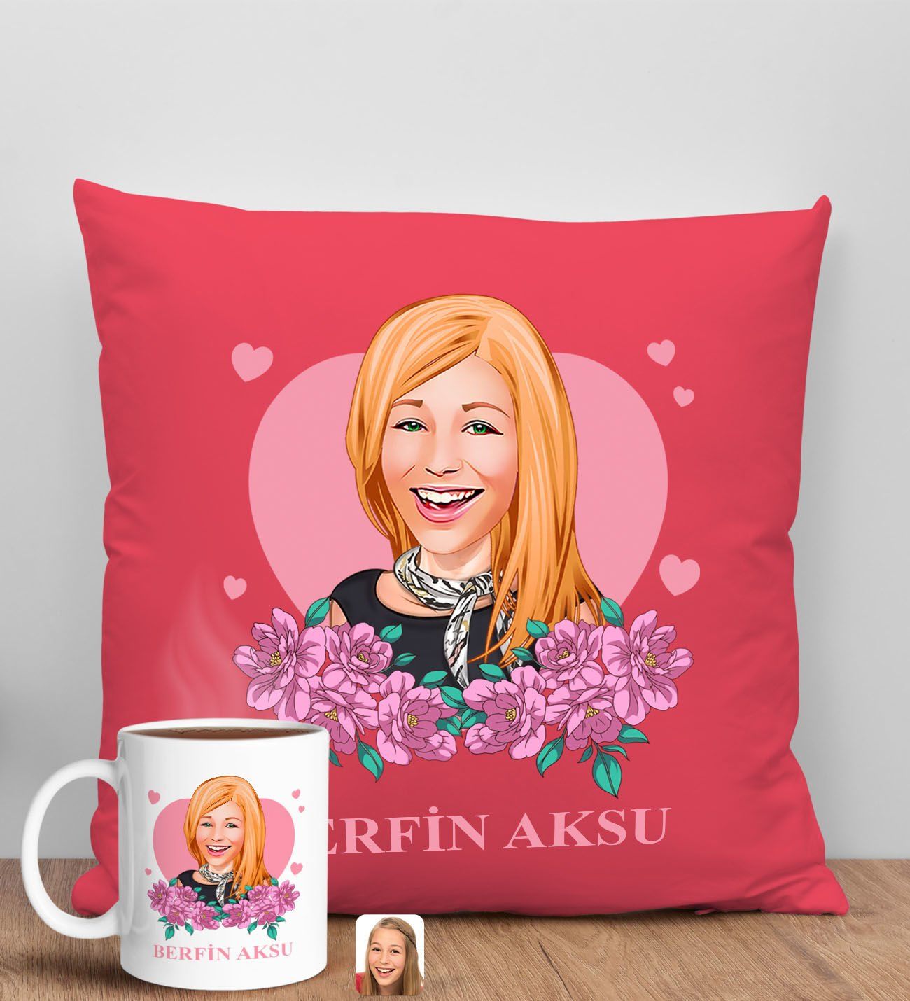 BK Gift Kişiye Özel Karikatürlü Anneler Günü Tasarımlı Kırmızı Kırlent Yastık ve Kupa Seti, Anneye Hediye, Ev Dekorasyonu, Anneler Günü Hediyesi-2