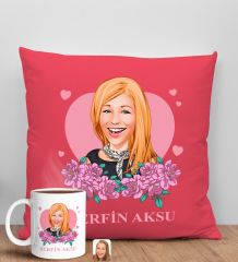 BK Gift Kişiye Özel Karikatürlü Anneler Günü Tasarımlı Kırmızı Kırlent Yastık ve Kupa Seti, Anneye Hediye, Ev Dekorasyonu, Anneler Günü Hediyesi-2