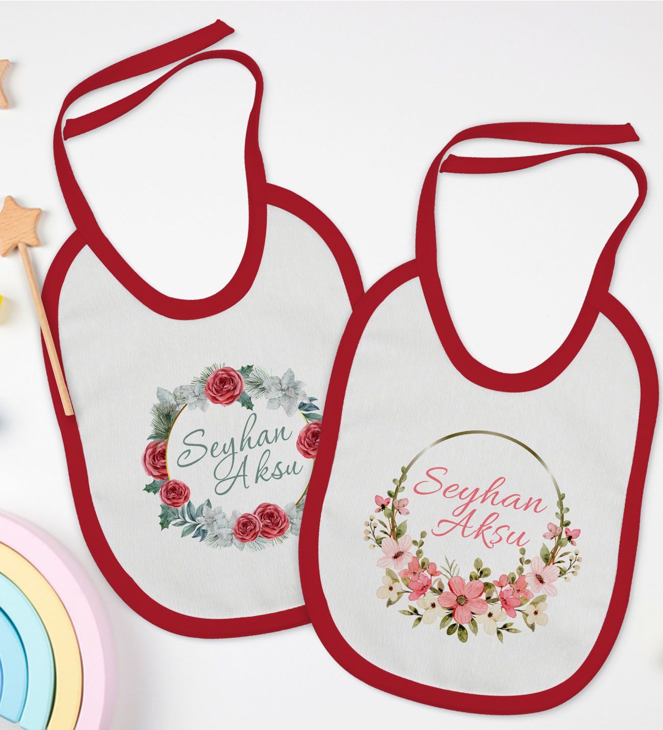 BK Kids Kişiye Özel Çiçek Tasarımlı 2’li Kırmızı Mama Önlüğü-6