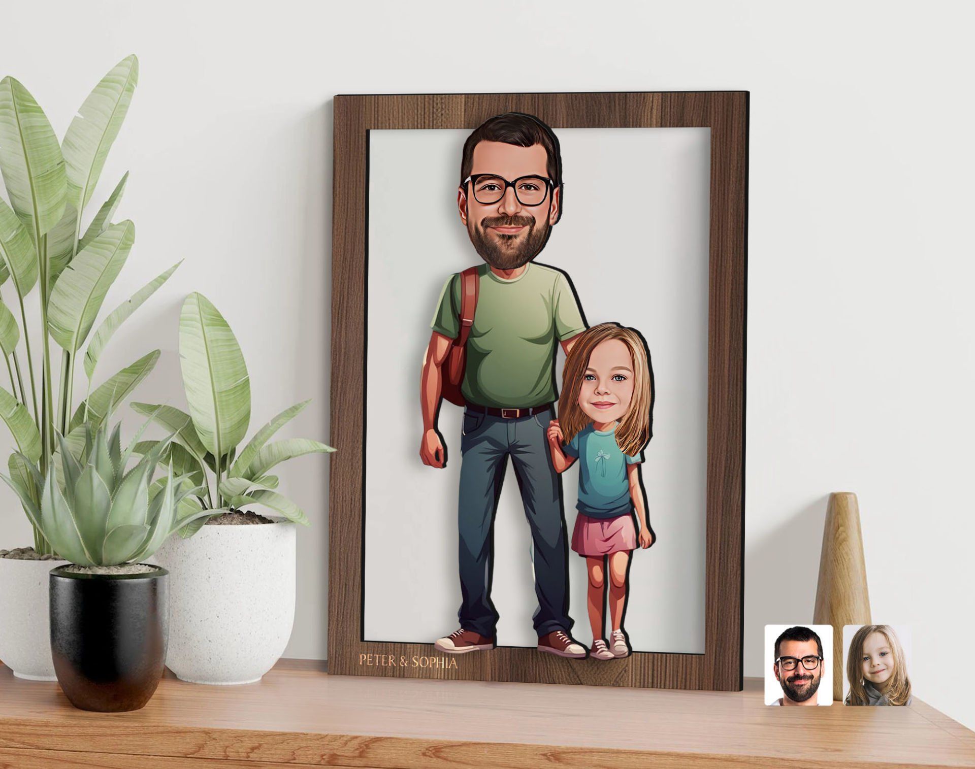 BK Gift Kişiye Özel Baba Kız Karikatürlü 3D Ahşap Tablo-20, Babaya Hediye, Karikatürlü Tablo