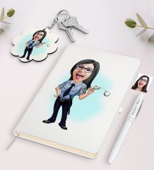 Kişiye Özel Kadın Polis Karikatürlü Beyaz Defter Kalem ve Anahtarlık Hediye Seti
