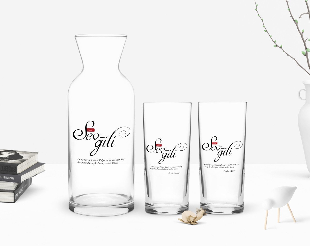 Kişiye Özel Renkli Baskılı Mânâ Sevgili Tasarımlı İkili Rakı Bardağı ve Karaf Hediye Seti-1