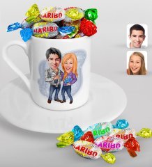 Kişiye Özel Sevgililer Karikatürlü Türk Kahvesi Fincanı ve Haribo Şeker Hediye Seti-50