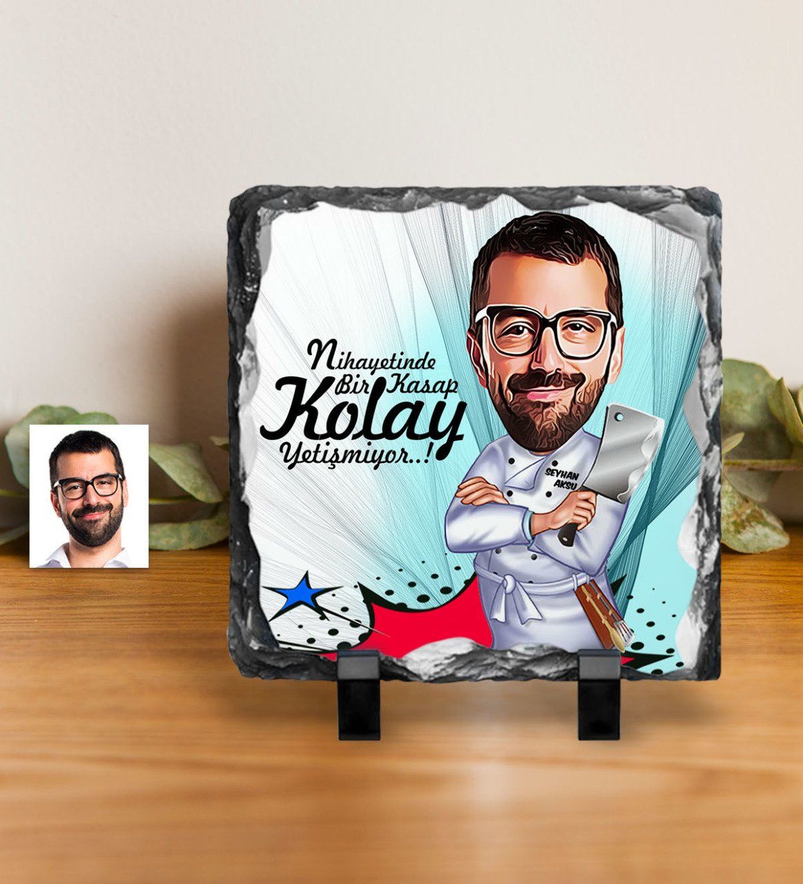 Kişiye Özel Bay Kasap Karikatürlü Dekoratif Doğal Taş - 1
