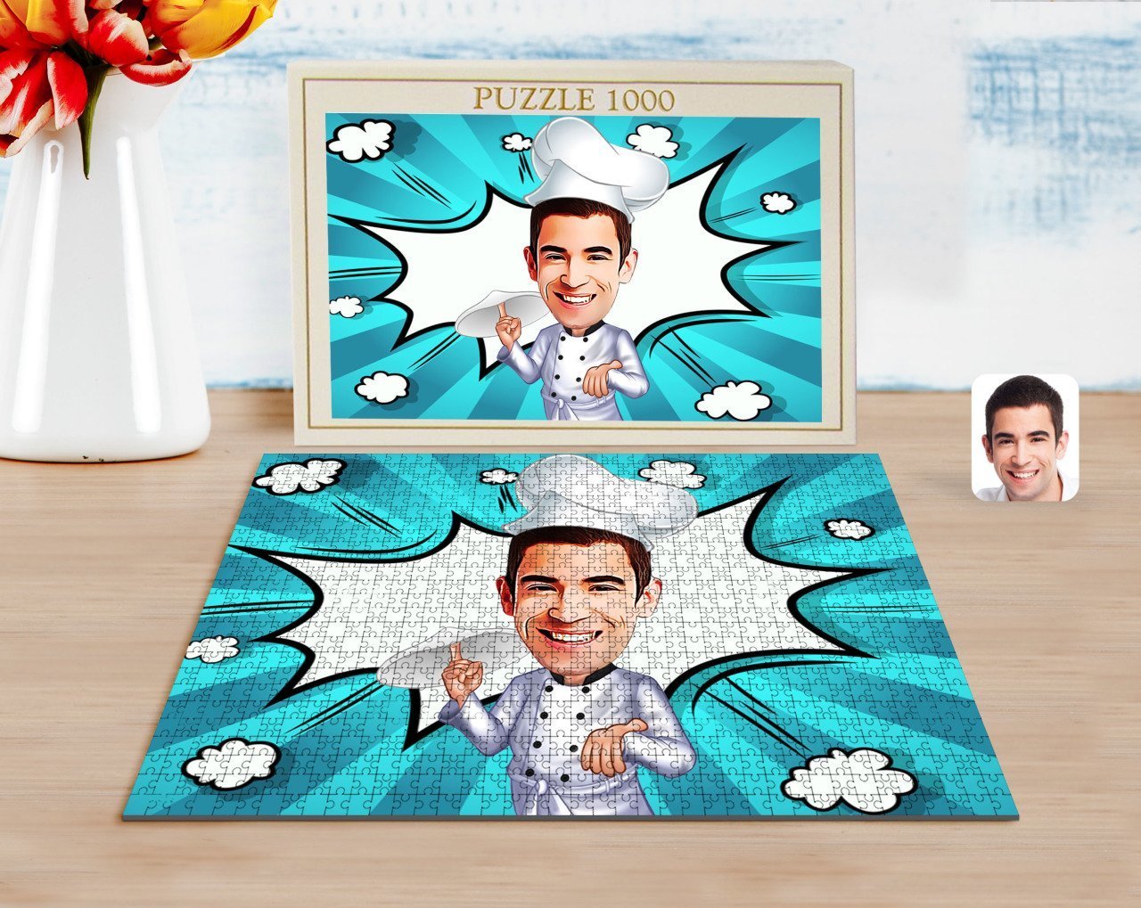 Kişiye Özel Erkek Pizza Şefi Karikatürlü 1000 Parça Profesyonel Puzzle-1