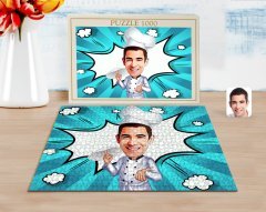 Kişiye Özel Erkek Pizza Şefi Karikatürlü 1000 Parça Profesyonel Puzzle-1