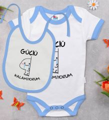 BK Kids Güçlü Kalamıyorum Tasarımlı Mavi Bebek Body Zıbın ve Mama Önlüğü Hediye Seti-1
