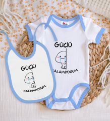 BK Kids Güçlü Kalamıyorum Tasarımlı Mavi Bebek Body Zıbın ve Mama Önlüğü Hediye Seti-1