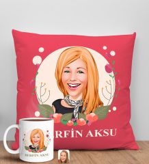 BK Gift Kişiye Özel Karikatürlü Anneler Günü Tasarımlı Kırmızı Kırlent Yastık ve Kupa Seti, Anneye Hediye, Ev Dekorasyonu, Anneler Günü Hediyesi-1