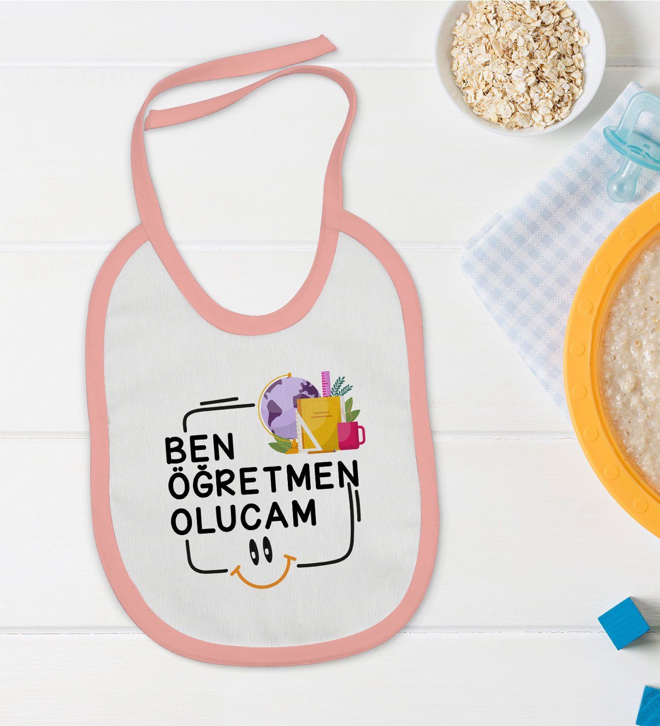 BK Kids Öğretmen Olucam Tasarımlı Pembe Bebek Mama Önlüğü-1