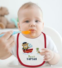 BK Kids Kişiye Özel Sevimli Kaptan Tasarımlı Kırmızı Bebek Mama Önlüğü-2