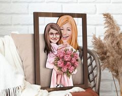 BK Gift Kişiye Özel Anne Kız Karikatürlü 3D Ahşap Tablo-20, Anneye Hediye, Karikatürlü Tablo
