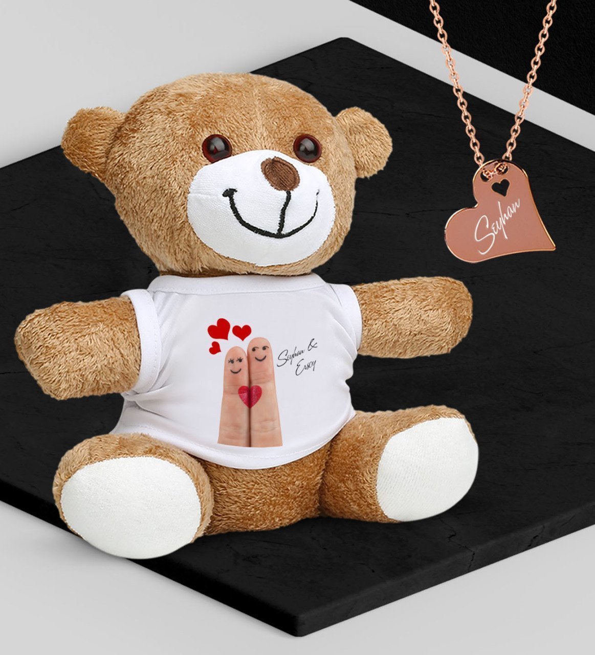 Kişiye Özel Sevgililer Temalı Peluş Ayıcık ve Rose Kalp Kolye Set - 84
