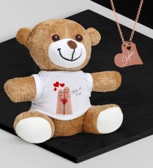 Kişiye Özel Sevgililer Temalı Peluş Ayıcık ve Rose Kalp Kolye Set - 84