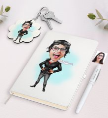 Kişiye Özel Kadın Pilot Karikatürlü Beyaz Defter Kalem ve Anahtarlık Hediye Seti