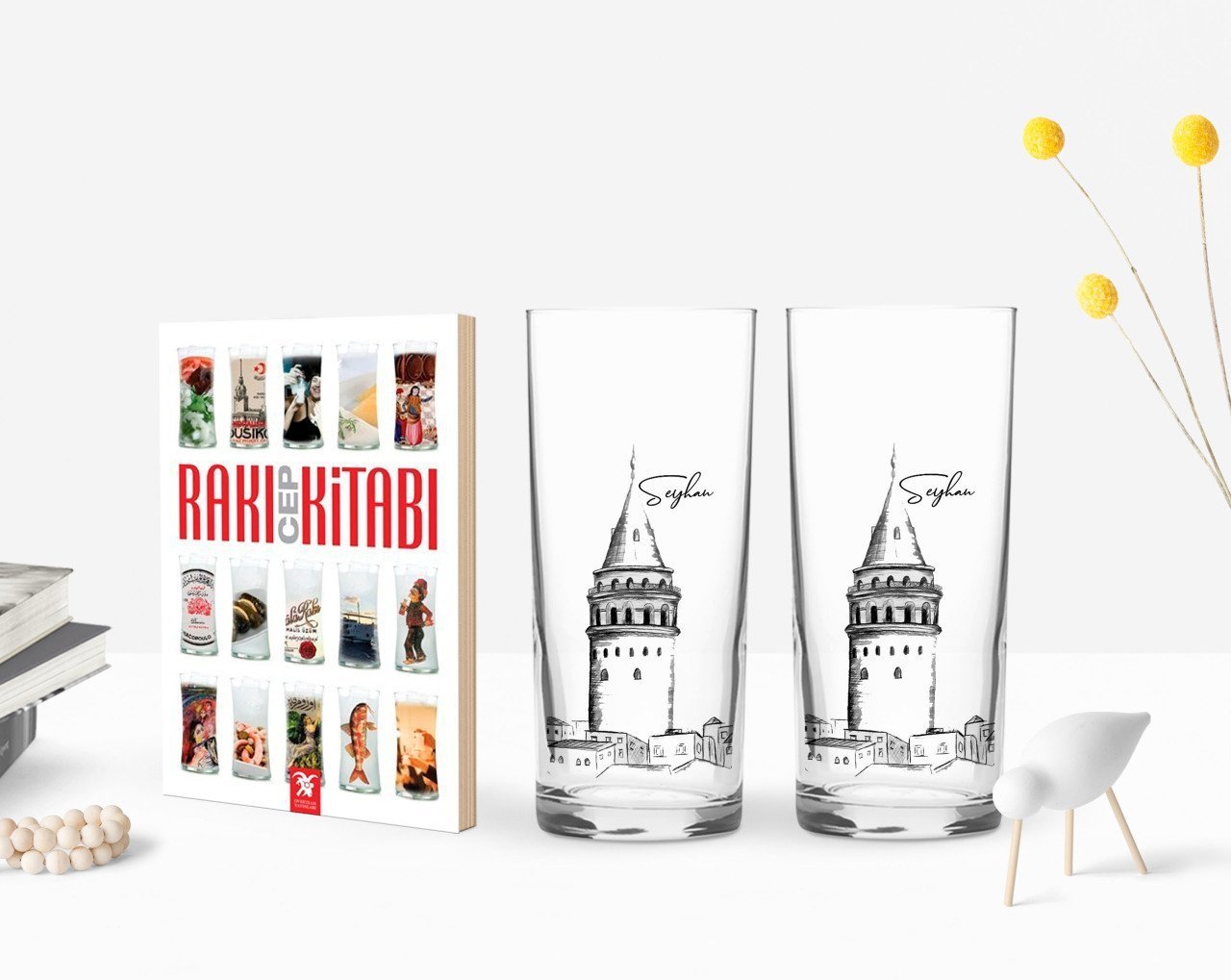 Kişiye Özel Renkli Baskılı Galata Kulesi Tasarımlı İkili Rakı Bardağı ve Rakı Cep Kitabı Hediye Seti-10