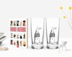 Kişiye Özel Renkli Baskılı Galata Kulesi Tasarımlı İkili Rakı Bardağı ve Rakı Cep Kitabı Hediye Seti-10